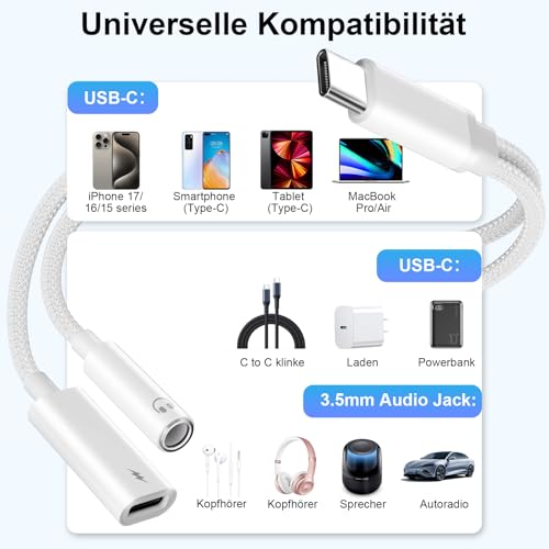 Dalimee Adapter USB C auf Klinke, 2 in 1 USB C Kopfhörer Adapter und Laden, Unterstützt 60W Schnellladung und 3.5 mm Kopfhörer, USBC auf Klinke für iPhone 17/16/15, iPad und weiteren Type-C-Geräten