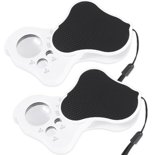 KUWUNG Lupa de joyería (2 unidades, 30 x 60 x 90, lupa de joyería con luz iluminada, lupas plegables para joyas con luz LED brillante, lupa de lupa para piedras preciosas, joyas, monedas, sellos)
