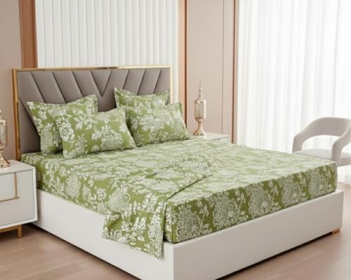 Image of 400TC Cotton Feel Glace Cotton Elastic Fitted Bedsheet Queen Size || Includes 1 Double Bed Elastic Bedsheet Queen Size with 2 Pillow Covers (60 inch x 78 inch Inches, Aarchid Green)