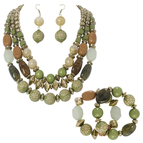 Bocar 3 Layer Chunky Statement Beaded Necklace Earrings Bracelet Set, Fashion Multi Layer Women Collar Necklace Jewelry Set