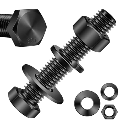 Image of Mellewell 1 /4-20 x 2 Hex Head Screws Bolts, Nuts, Flat & Lock Washers, Fully Threaded, Stainless Steel 18-8, Black Finish, 8 Sets