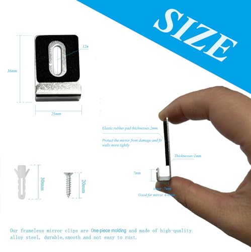 Image of Generic 8 Pcs Metal Mirror Clips , Mirror Holder Wide Fixing Clip Kit with Rubber Pads and Screws Heavy Duty Mirror Hanger for Wall Mount Frameless Tile Billboard Display(B), Silver