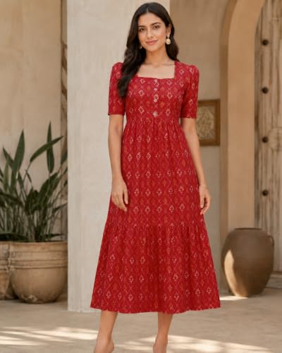 Image of Sun Fashion And Lifestyle Chanderi Printed Dress for Women | Western Dresses for Women | One Piece Midi Dress | Fit and Flare Dress | A-line Dress (KT74 Blue)