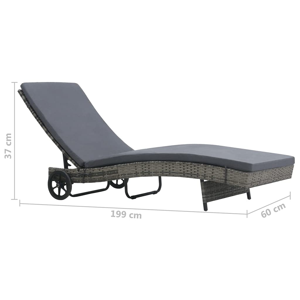 Lettino Prendisole in Polyrattan Antracite con Cuscino e Ruote, Sdraio da Giardino Regolabile con Schienale, Lettino Solarium per Terrazzo Balcone Piscina, Resistente all agli Agenti Atmosferici