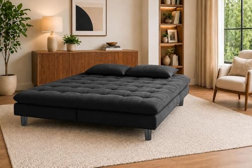 Image of 3 Seater Velvet Sofa Cum Bed, Tufted Convertible Sleeper Couch, Space-Saving Design, Comfortable Cushioned Seating - Black Color