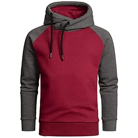 Elainone Men's Fleece Colour Block Hoodies Turtleneck Solid Loose Casual Classic Autumn Winter Pullover Winered L Cover