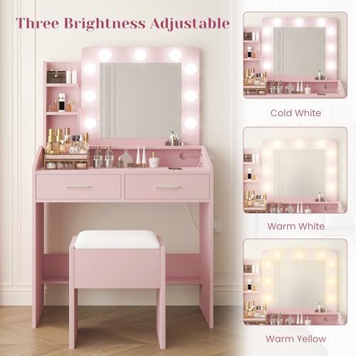 GarveeHome Vanity Desk with Mirror and Lights, Makeup Vanity with Power Outlet & Cushioned Stool, 3 Lighting Modes Adjustable Brightness, Dressing Table with Hairdryer Holder for Bedroom, Pink