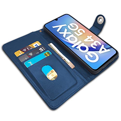 Image of Pikkme Samsung Galaxy A34 5G Flip Cover Leather Finish | Inside TPU with Card Pockets | Wallet Stand and Shock Proof | Complete Protection Button Flip Case (Blue)