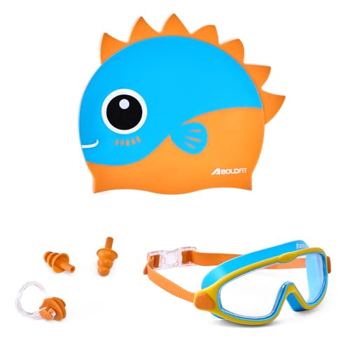 Image of Boldfit Dino Theme Kids Swimming Set, 5-in-1 Combo with Silicone Swim Cap, Anti-Fog Adjustable Goggles, Earplugs & Nose Clip, Leak-Proof, Comfortable & Durable Swim Kit for Boys & Girls