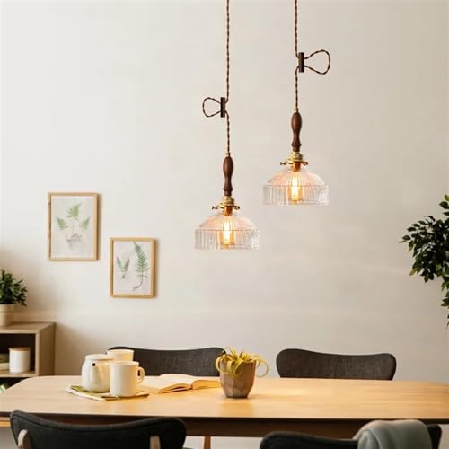 Luminaire suspendu en verre, bois et cuivre vintage 30cm