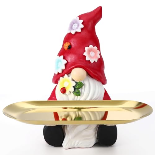 Emibele Gnomo Bandeja de Estatua, Bandeja Decorativa para Mesa de Entrada, Oficina y Decoración del Hogar, Bandeja de Dulces para Llavero, Joyería, Plato para Baratijas, Decoración navideñas, Rojo