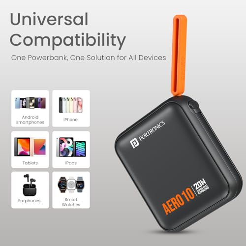 Image of Portronics Aero 10 10000 mAh 20W Fast Charging Mini Power Bank with Detachable Type C Cable, Type C PD Input /Output Port, LED Indicator, Wake Up Button, Strong Lanyard, Light Weight (Black)