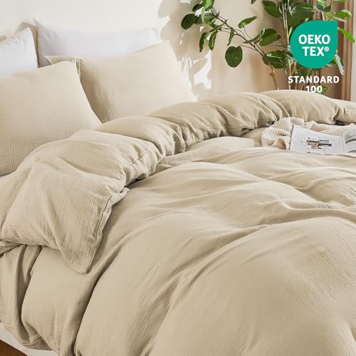 Image of EMME Muslin Cotton Duvet Cover Set Queen Size Linen Like Soft Breathable Lightweight Summer Comforter Cover Set with Zipper Closure (Queen, 90 inchx90 inch)