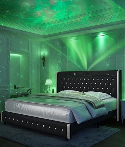 GEGOFORU Queen Bed Frame with LED Lights and Galaxy Projecton, Upholstered Wingback Platform Bed, No Box Spring Needed, Sturdy Noiseless Modern Headboard with Starry Accents, Easy Assembly, PU Black