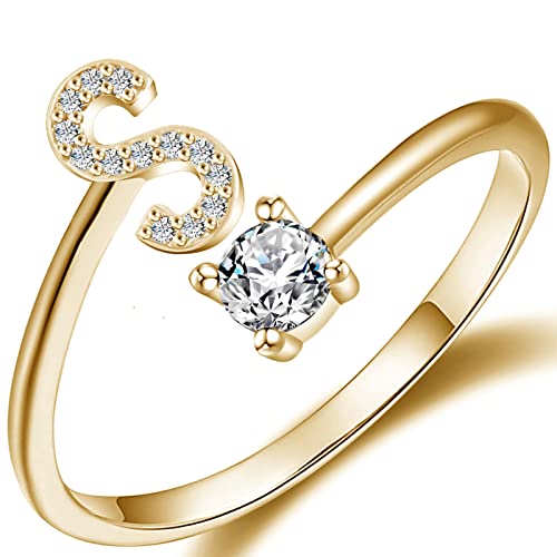 Haoze Initial Letter Ring for Women Gold Silver Stackable Alphabet Rings with Initial Adjustable Crystal Inlaid Initial Rings Gifts Above 12 Years Old
