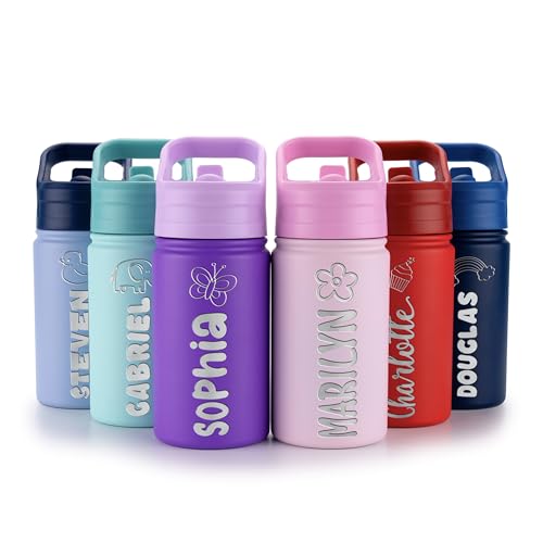 Lilys Atelier Personalized Water Bottle for Kids - Stainless Steel 12 oz Name & Icon Leakproof Lid Great Gift for Girls - Pink