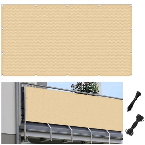 Brise Vue Balcon 60 x 400 cm Protection Contre Soleil, Vent, UV Brise-Vue de Clôture Pare-Soleil avec Cordons pour Jardin, Jaune Sable