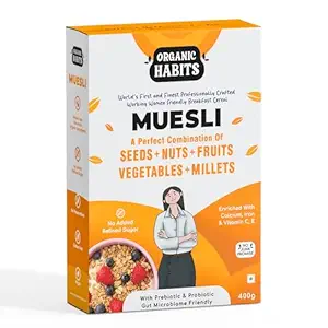 Muesli, Working Women Friendly Breakfast Cereal with Probiotics & Prebiotics | Snacks Items| Fruit and Nuts, Seeds, Vegetables, Millets, Wholegrain, Vitamin C & E | Enriched with Calcium & Iron, Zero Added Sugar | PCOD & PCOS Friendly (400 g)