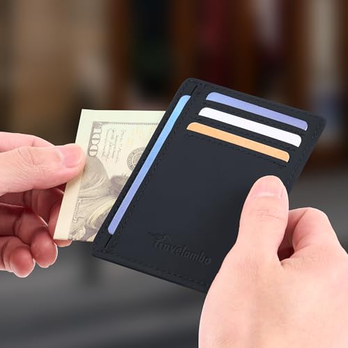 Image of Travelambo Slim Wallet Front Pocket Minimalist Leather RFID Blocking Medium Size(Edge-Finished Black)