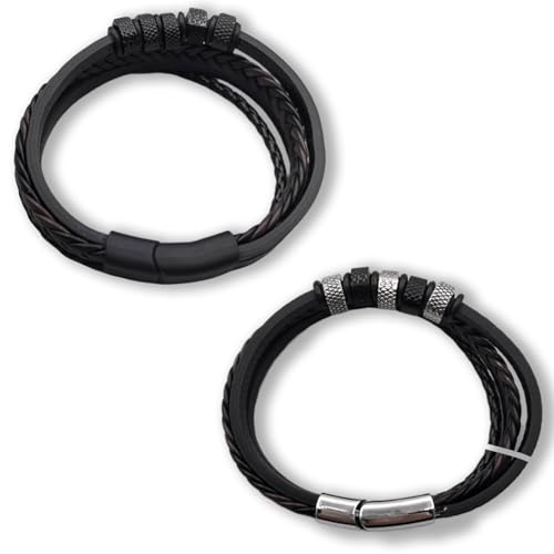 Katyjun 2 Stück Leder Armband Herr, Echtleder Breites Wickelarmband mit Magnet Verschluss, Geflochten Herrenarmband