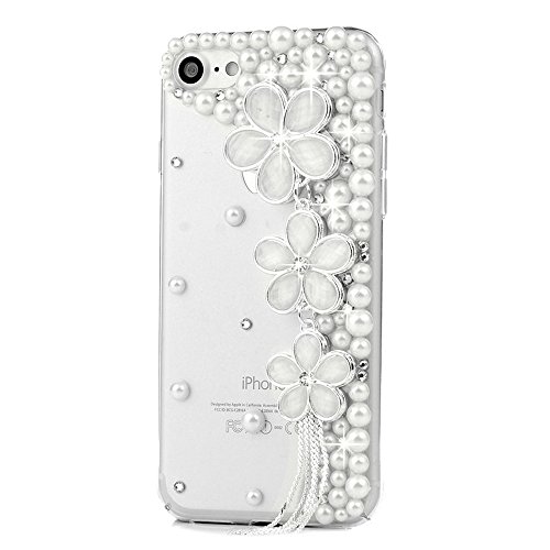STENES Sparkle Phone Case Compatible with Google Pixel 2 [Stylish] 3D Handmade Bling Blossom White Flowes Pearl Tassel Crystal Diamond Design Girls Women Cover - Clear
