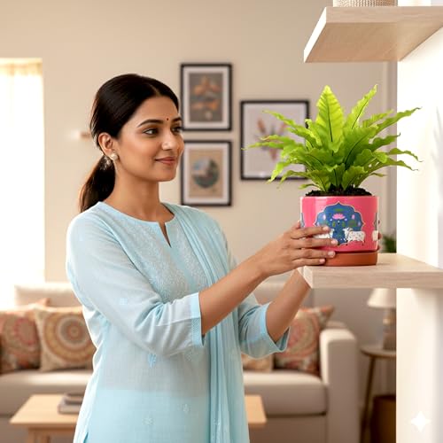 Image of Urban Plant KamDhenu 3D Terracotta Pot with Saucer (4.7 Inch) | Hand-Painted Cow & Lotus Design Planter | Decorative Indoor Plant Pot with Drainage Hole | Premium Clay Planter for Home & Office Decor