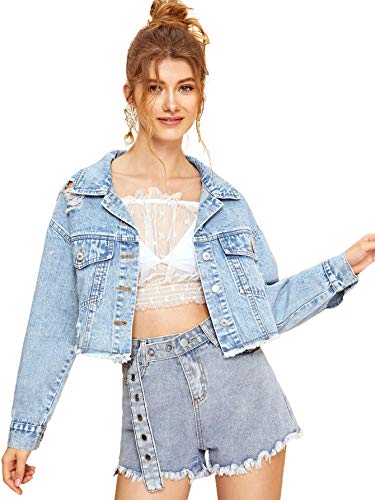 Romwe Women's Frayed Button Up Cropped Denim Jacket Blue US 4