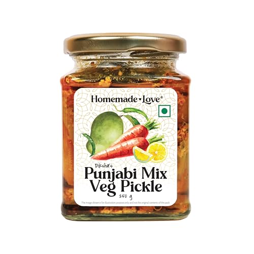 Image of Homemade Love Punjabi Mix Vegetable Pickle in Mustard Oil (250g) | Premium Homemade Pickle crafted with mix of Carrots Raw Mango Green Chilli Lemon and Seasonal Vegetables | No Artificial Preservatives | Tangy & Spicy homemade achar