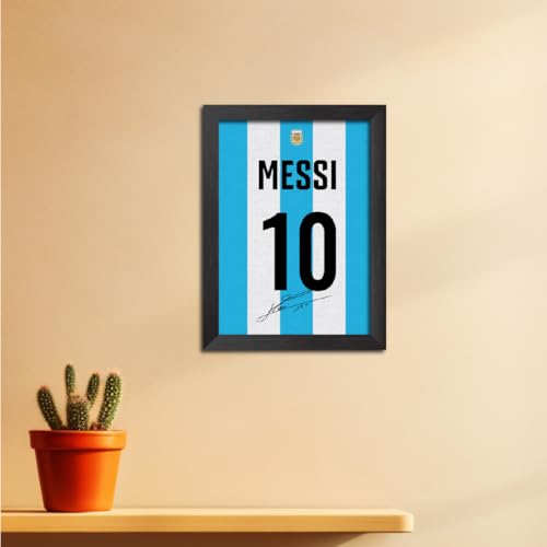 Image of TenorArts Lionel Messi Poster Frame Argentina Worldcup Jersey Laminated Photo Print with Signature Framed Painting with Matt Finish Black Texture (12 inches x 9inches)