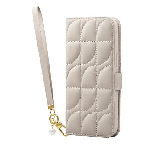 エレコム iPhone 14 Pro Max ケース カバー レザー 手帳型 マグネット フラップ 耐衝撃 衝撃吸収 スタンド機能付 ハンドストラップ付 キルティング ミラー付 グレージュ PM-A22DPLFJM4GY