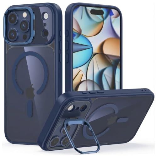 Image of VONZEE Clear Camera Kickstand Case for iPhone 17 Pro Max, Built-in Adjustable Camera Stand, Clear Magnetic Mag-Safe Shockproof Classic Series Phone Cover (Navy Blue)