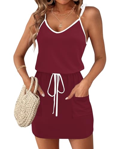 Image of AUSELILY Womens Summer Dresses Sleeveless Spaghetti Strap Beach Cover up Drawstring Waist Mini Short Dress with Pockets