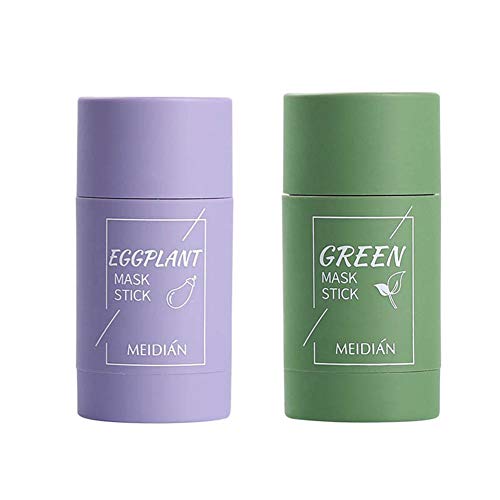 2 Pcs Green Tea Purifying Clay Stick Mask, Eggplant Purifying Clay Stick Mask Face Moisturizes Oil Control Deep Clean Pore Improves Skin for All Skin Types Men Women