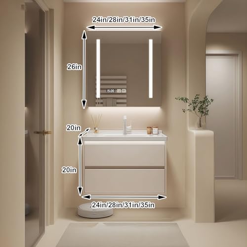 Modern Wall Mounted Floating Bathroom Vanity with Integrated Ceramic Sink, No Assembly Required, Hanging LED Intelligent Lighted Sensor and Demisting Mirror, Cabinet Spaces