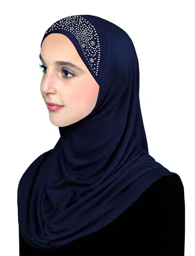 Aiyah Hijab Scarf Big Girls/Kids Pre-teen Headscarf one piece Junior Muslim Amira with Rhinestones (Navy Blue)
