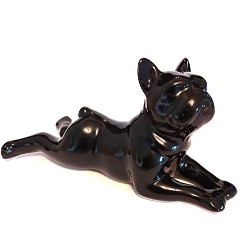 Laure TERRIER Statue of French Bulldog, Black Ceramic, Lying. Length 5,5 inches