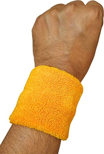 Image of Play2Fit 4 Cotton Wristband (2 Pair) Soft Sweatband For All Sport, Stretchable, Sweat Absorbent Supports Wrist Made In India (Marigold, 3 Inch)