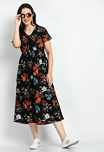 Image of KLART Women Stylish Casual Maxi | A-Line Dress with V-Neck & Short Sleeves | Floral Print Fit & Flare Summer Wear