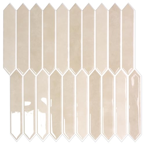10-Sheet Peel and Stick Backsplash Tile, Self-Adhesive Beige Long Hexagon Wall Tiles, Stick on Backsplash for Kitchen, Bathroom, Fireplace, RV, Thicker Design(12"×12").