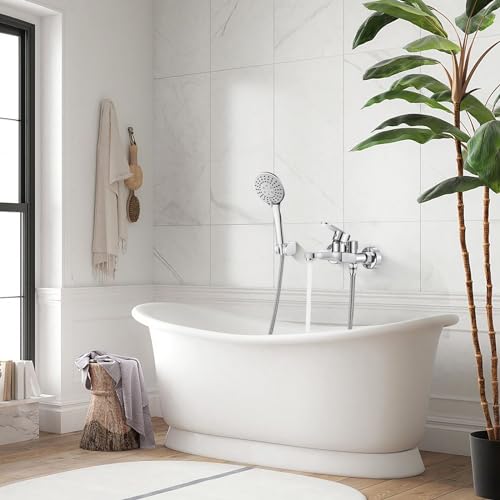 Badewannenarmatur mit Handbrause Mischbatterie Badewanne Chrom Wannenarmatur mit Brause Duschkopf 3 Funktionen, Messing Duscharmatur Wasserhahn Badewanne Set für Bad Dusche, Wandmontage 150mm