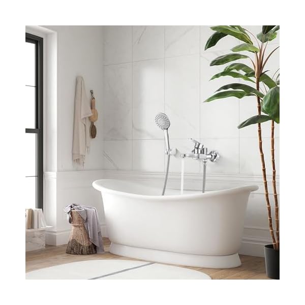 Robinet Baignoire avec Douchette Mitigeur Baignoire pour Bain et Douche Mitigeur Douche 2 Sorties Robinet Monocommande de Bain avec Douchette 3 Jets, Support, Flexible 1.5m, Chromé Mural Montage