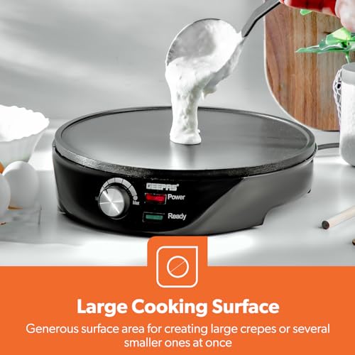 Geepas 1000W Pancake & Crepe Maker - Electric Non-Stick Cooking Plate with Adjustable Temperature Control - Power & Ready Lights Wooden Spreader & Spatula Included - 2 Year Warranty