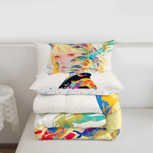 Image of Erosebridal 3D Bedding Comforter Sets - Japanese Girl Style Full for Cartoon Fans - Kawaii Design Pattern Duvet Insert with 2 Pillow Cases