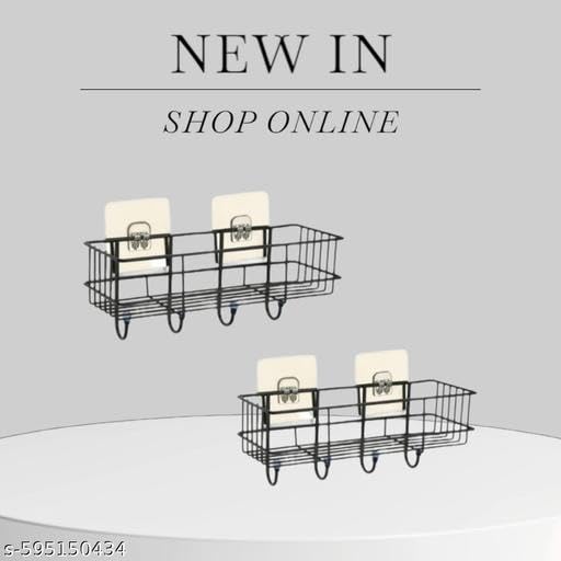(Pack of 2) Steel Self-Adhesive Multipurpose Bathroom Shelf with Hooks/Towel Holder/Rack/Bathroom Accessories - Wall Mount - Pack of 2 (Black,Powder Coated)|BHR-P2451 1