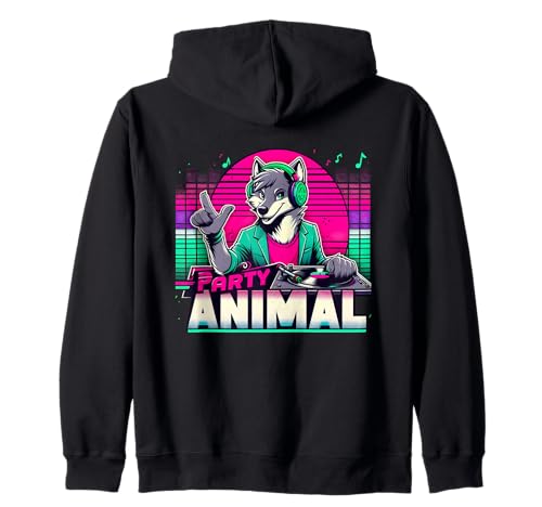 Fiesta Animal DJ EDM Música Lobo Fursona Peludo Fandom Retro Sudadera con Capucha