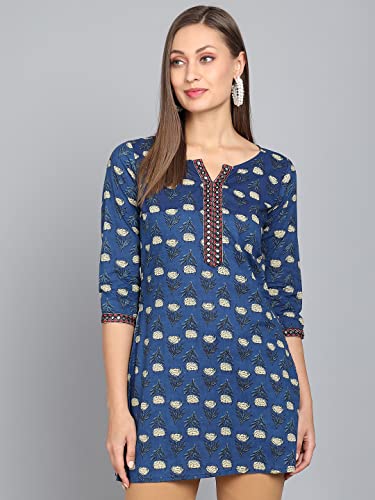 Image of Rapsodia Womens Cotton Navy Blue Floral Printed Short Kurti with Embroiderey