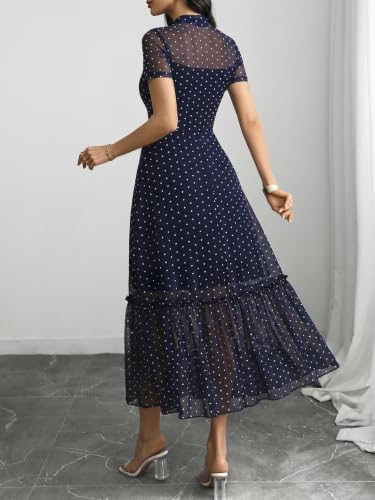 Image of GothDark Women's Summer Floral Mesh Ruffle Dress Short Sleeve Round Neck Waist Cinched Casual Maxi Wedding Guest Dresses