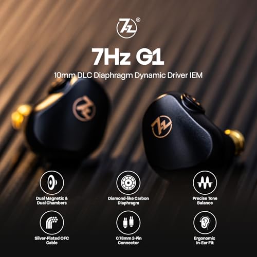 Image of 7HZ G1 in-Ear Monitor, 10mm DLC Dynamic Driver IEM Wired Earbuds, HiFi Headphones with Detachable OFC Silver-Plated Cable for Gaming and Music Audiophiles (with Mic, Black) | with Detachable OFC Silver-Plated Cable, Ergonimic In-Ear Earphones for Gaming & Music Audiophiles (with Mic, Black)