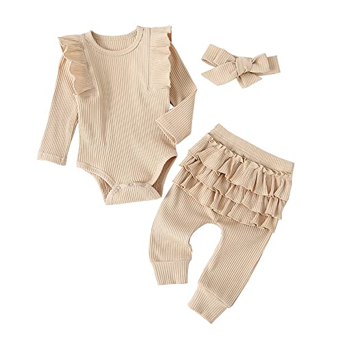 Image of XFGLCK Newborn Baby Girls Fall Clothes Outfits Long Sleeve Romper+ Ruffle Pants +Headband Set