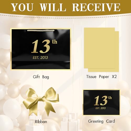 Image of JMANNI 13th Birthday Gift Bag with Card and Tissue Paper for Men Women Him, 14.2 inch Elegant Black Gold Anniversary Keepsake Party Present Shopping Paper Bags for Gifts Wrapping (EST.2013 /Black /Large)